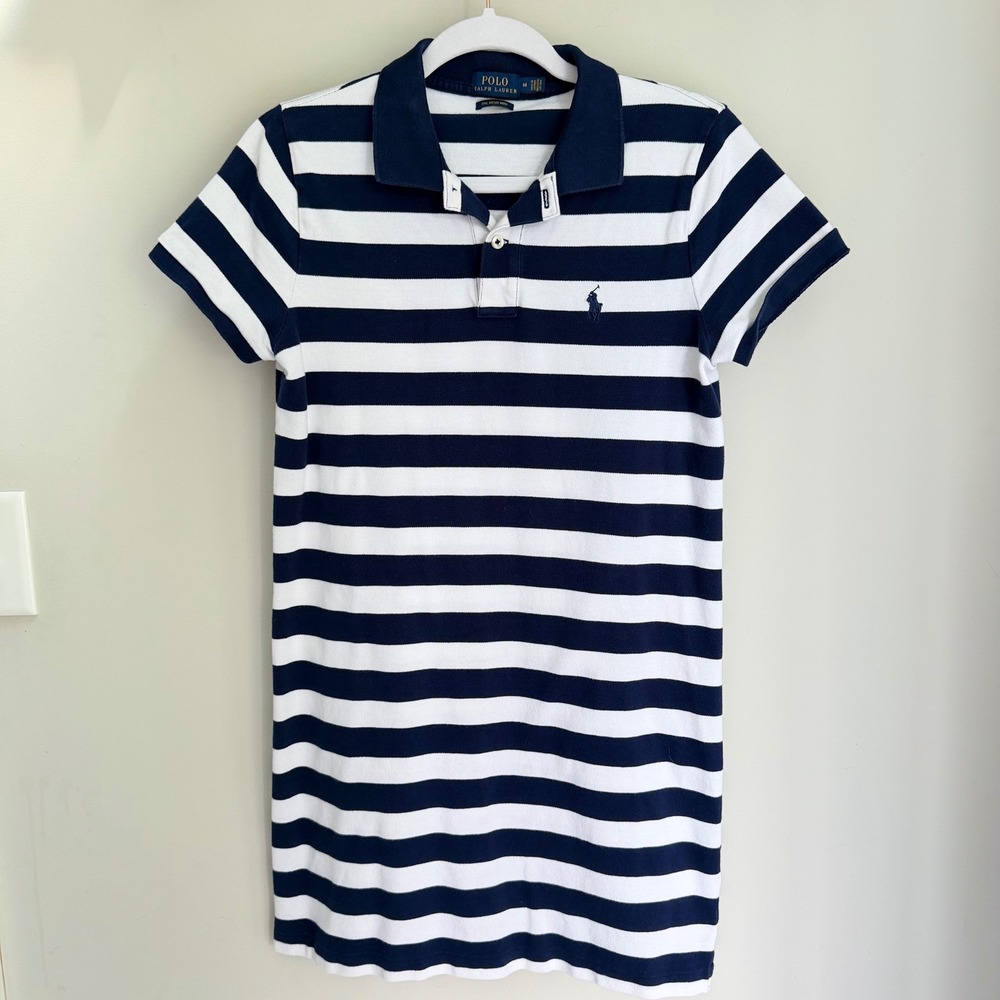 Polo Ralph Lauren Mesh Mini Dress Blue White Stripe Pony 100% Cotton Size Medium